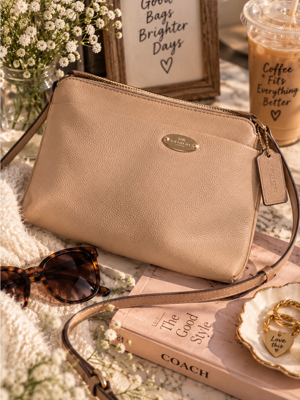 Coach F52881 Tan Blush Pink Crossgrain Leather East West Pop Crossbody Bag